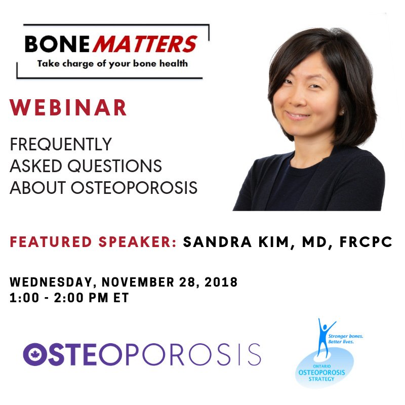 Living with #osteoporosis can bring up many questions. Don't miss the free #BoneMatters Webinar November 28, 1-2 pm ET. Dr. Sandra Kim will address Frequently Asked Questions About Osteoporosis. Register today: bit.ly/2A3Et1l #OsteoporosisMonth #Unbreakable #HealthyAging