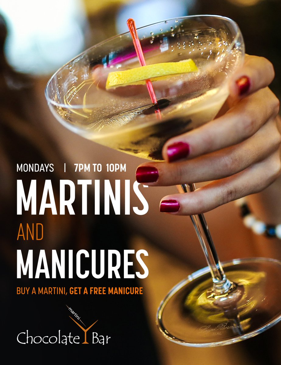 chocolatebarbuf's tweet photo. Martinis and Manicures are back! Get a FREE manicure with your martini tonight 7PM-10PM #ChocolateBar #SweetTreatment #MartinisAndManicures #BetterWithChocolate https://t.co/TvFyIFev1U