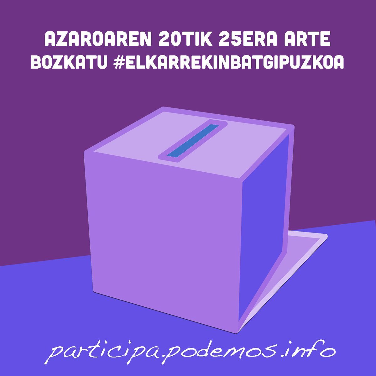 EGipuzkoaBat's tweet photo. 💜Del 20 al 25 de noviembre, en las primarias de @PodemosEuskadi_ 🗳️vota #ElkarrekinBatGipuzkoa
💜Azaroaren 20tik 25era arte bozkatu #ElkarrekinBatGipuzkoa

📲💻👇🗳️
https://t.co/mWb0ZXc87m https://t.co/eWcceqC97q
