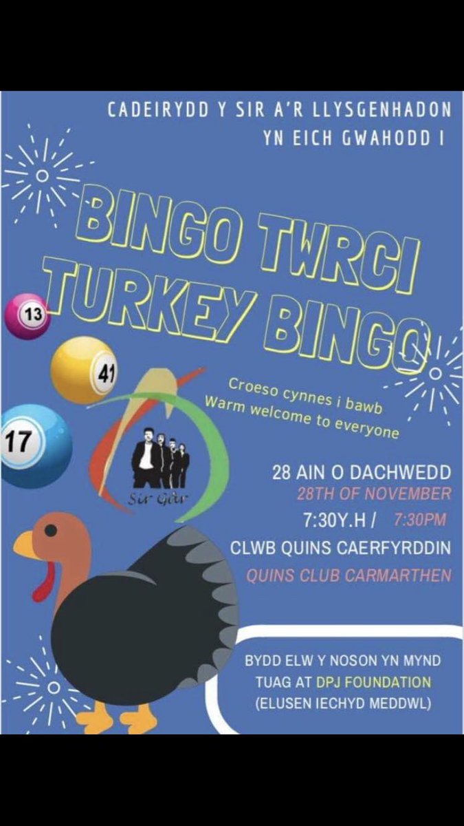 Dewch i gefnogi  Noson Bingo Twrci yng ngwmni Cadeirydd a Llysgynhadon y Sir 🐔🎄🍻Gwobrau diri yw ennill!! <a href="/cffisirgar/">CFfI Sir Gâr YFC</a>  <a href="/CFfICapelIwan/">CFfI Capel Iwan YFC</a> <a href="/LlanddarogYFC/">C.Ff.i LlanddarogYFC</a> <a href="/CffiY/">CFfI Llandovery Yfc</a> <a href="/cffi_llanllwni/">C.Ff.I Llanllwni</a> <a href="/DCYFC/">CFfI Dyffryn Cothi</a> <a href="/CFfICwmann/">CFfI Cwmann</a> <a href="/CFfIPenybontYFC/">CFfI Penybont YFC</a> <a href="/CFfILlangadog/">CFfI Llangadog YFC</a> <a href="/CFfLlandeiloYFC/">Cffi Llandeilo Yfc</a> <a href="/YfcStPeters/">CFfI St.Peters YFC</a>