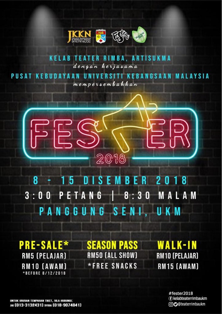 teaterrimbaukm's tweet photo. #fester2018

8-15 Disember 2018
3:00 pm | 8:30 pm
Panggung Seni, UKM Bangi

TIKET:
*PRE-SALE: RM 5 (student) RM 10 (public) *before 8/12/18
SEASON PASS: RM 50 (all show)
WALK-IN: RM 10 (student) RM 15 (public)

UNTUK TEMPAHAN TIKET, HUBUNGI:
Jai: 013-3132431
Syira: 018-9074841 https://t.co/nVipC4eBIL