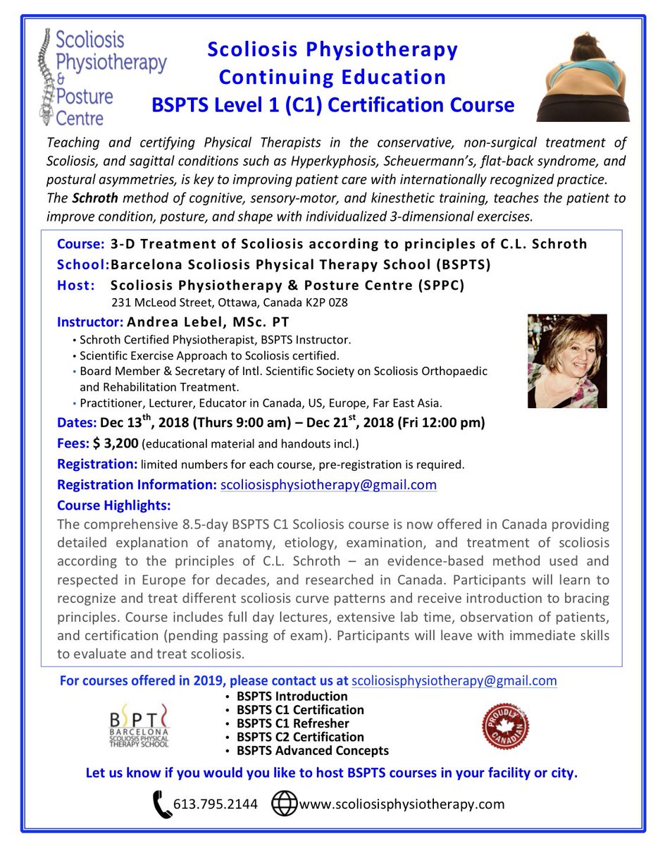 OttawaScoliosis's tweet photo. 2 more openings for BSPTS C1 course in Ottawa! Last course of the year! Professionals who wish to observe need to contact the instructor directly: www.scoliosisphysiotherapy@gmail.com. #scoliosis #scoliosisspecificexercises #SchrothMethod #scheuermann #Spine #PSSE #posture #BSPTS https://t.co/TJTU0sXMM8