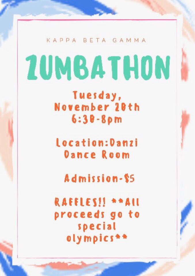 sjcpanhellenic's tweet photo. Join the sisters of Kappa Beta Gamma at their Zumbathon fundraiser tomorrow night! Get your dance on! https://t.co/zYwAlWv8mO