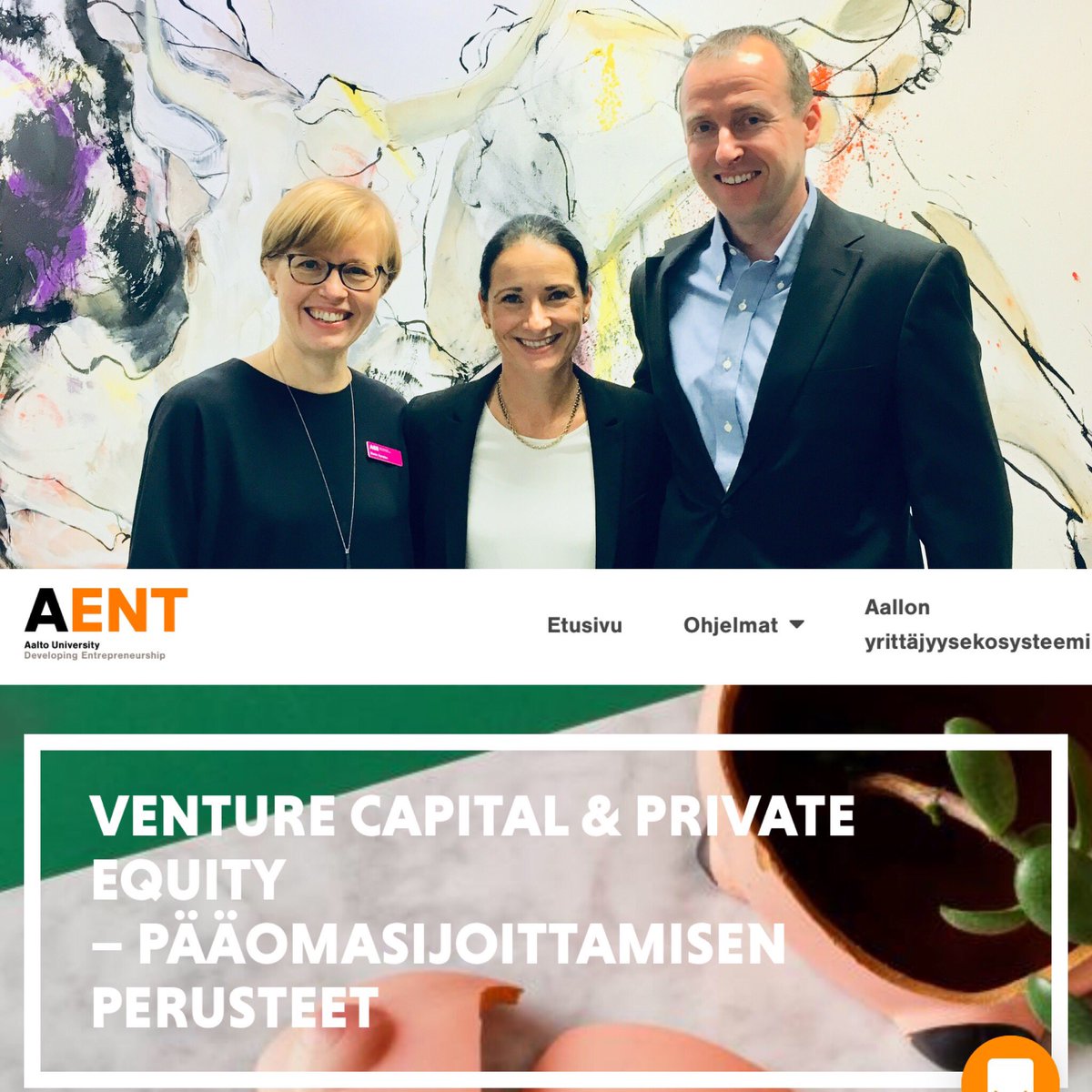 Tänään <a href="/maria_karsten/">Maria karsten</a>, <a href="/MarkkuMaula/">Markku Maula</a> ja <a href="/PiaSantavirta/">Pia Santavirta</a> polkaisivat käyntiin kokonaan uuden pääomasijoitusalan koulutusohjelman @AaltoENT:ssä 🙌👍 Kiitos erinomaisesta yhteistyöstä - uutta tehdään yhdessä! #Koulutus #Osaaminen #Pääomasijoittajat Lisätiedot: <a href="/MonikaTorkki/">Monika Torkki</a> #AaltoENT