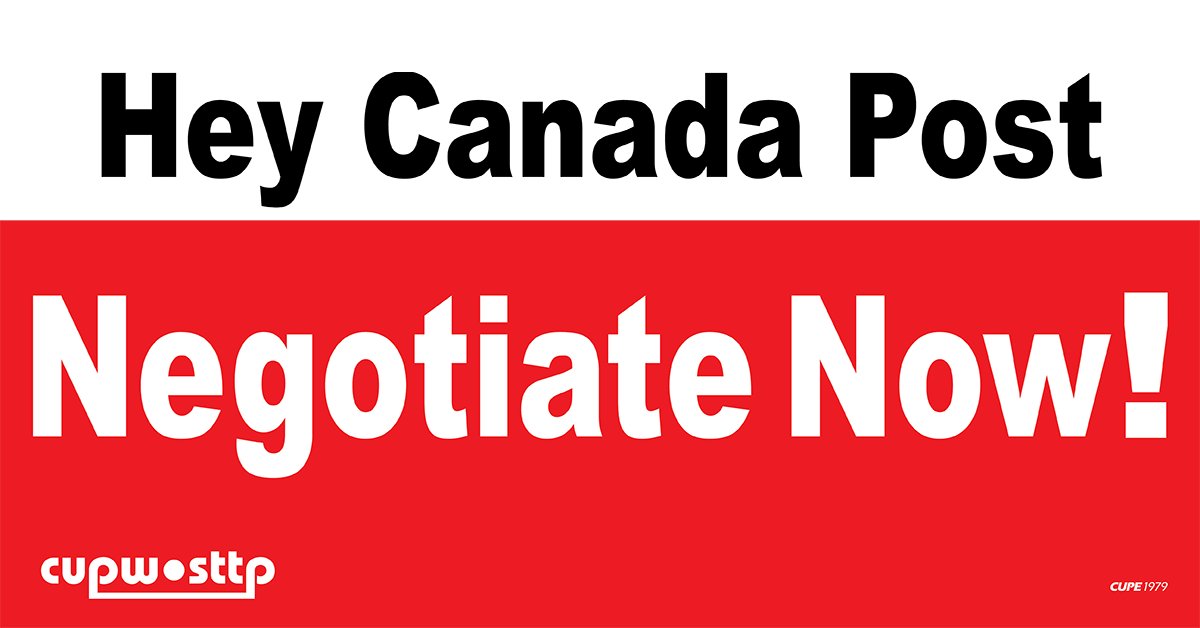 cupw's tweet photo. CUPW to @CanadaPostCorp:  Negotiate Now! Union Rejects Binding Arbitration - CUPW is calling on Canada Post to return to the bargaining table and negotiate a settlement now.
https://t.co/6fhrwA3CGL #canlab #negos2018 https://t.co/AKvYOPORb1