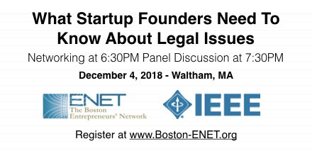 MaureenManALM's tweet photo. What Startup Founders Need To Know About Legal Issues
Join @MaureenManALM on Tuesday, December 4th, 6:30 pm @ConstantContact RSVP @BostonENET https://t.co/D5CqSeMRWe
#entrepreneurs #founders #startup #startups #startuplife #legal #law #pyplaw #mvplaw #tech #innovation #networking https://t.co/kwR15UGfe8