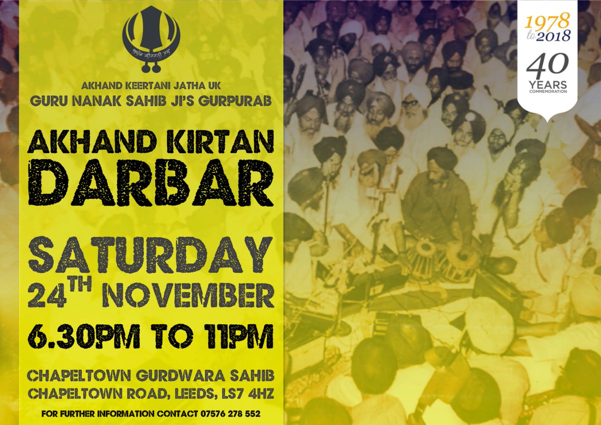 SikhTempleLeeds's tweet photo. Akhand Keertan Jatha UK will be undertaking keertan on Saturday 24th @6.30pm. Please come down to experience their devine Kirtan. https://t.co/sR8Ec04RWv