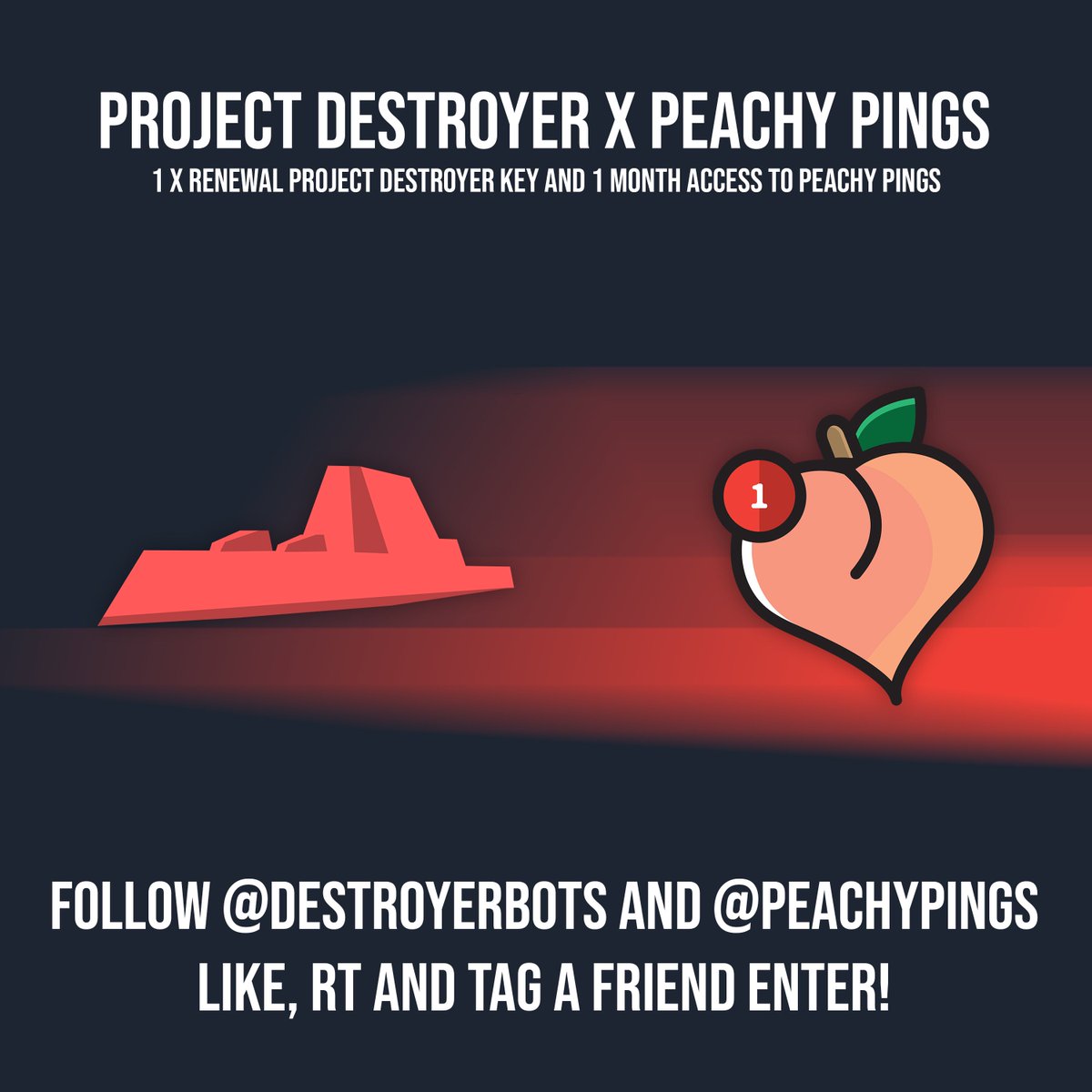 destroyerbots's tweet image. Project Destroyer x Peachy Pings giveaway

1 PD renewal key
1 month of Peachy Pings 
1 winner

RT, Like, and tag a friend to enter winner picked at 9pm est good luck everyone. 

- Sean