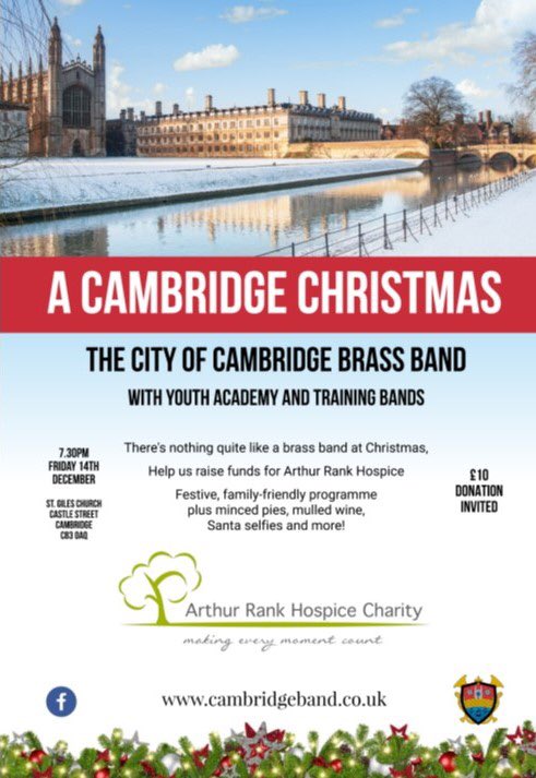 Competition time! Spot the ‘deliberate’ mistake on our <a href="/ArthurRankHouse/">Arthur Rank Hospice</a> Charity Christmas Concert poster. Retweet and comment ‘Best Christmas Concert in Town’ if you think you’ve spotted it :) #Cambridge #Christmas #brassband #charity #concert