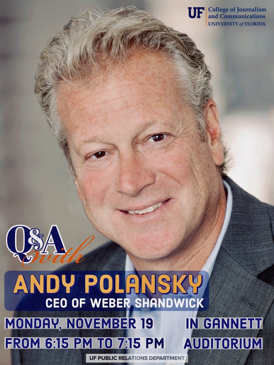 UFPRDepartment's tweet photo. Don’t forget! @andypolansky, CEO of @WeberShandwick is coming to Gannett Auditorium in Weimer Hall tonight for a Q&amp;A with our PR Department Chair @mdistaso — this is a great opportunity to learn about the industry from the best of the best! https://t.co/icnyTo19Yv