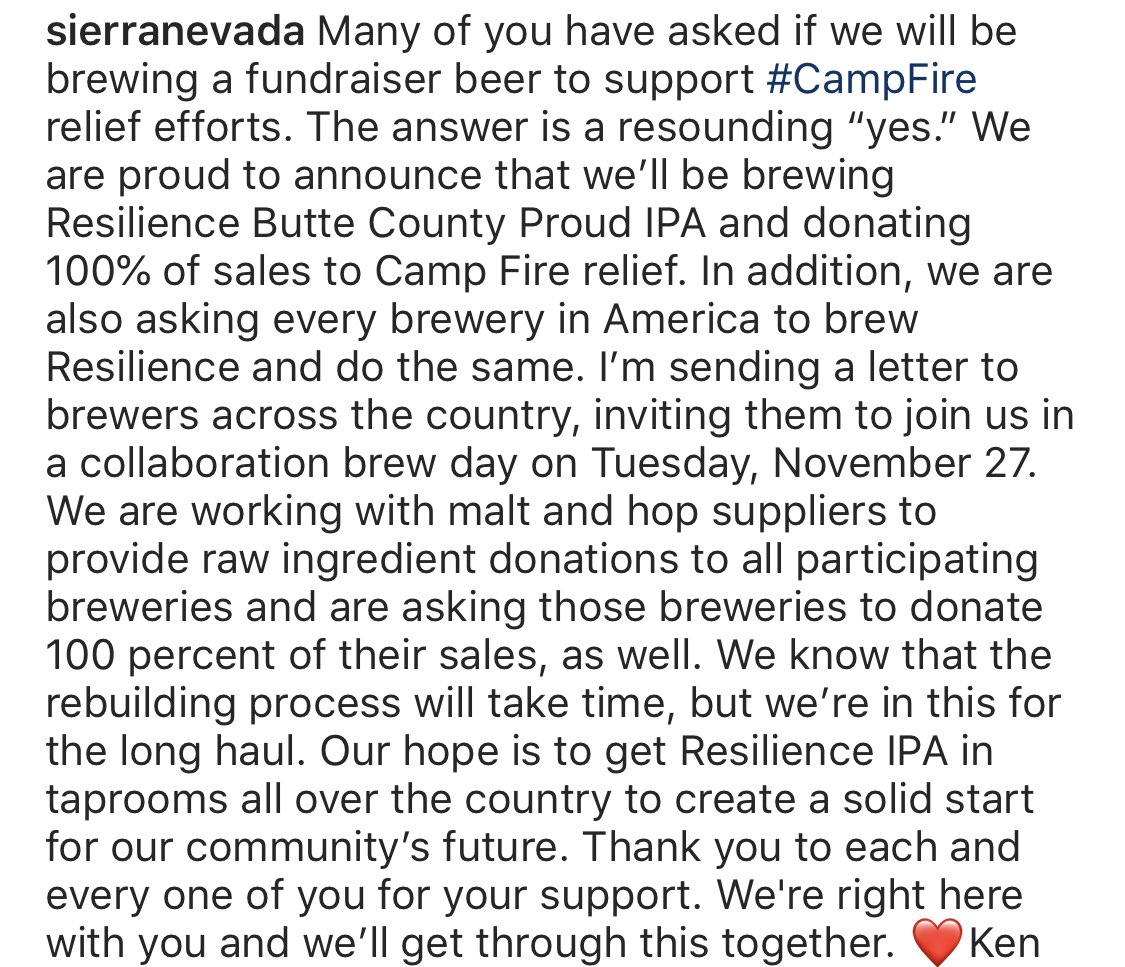 MonBeerDM's tweet image. This is incredible. Not only did they donate over $200k to victims of the fires in #ButteCounty in clothing and meals, they’re also brewing #ResilienceIPA and donating 100% of sales to camp fire relief efforts and inviting other breweries to do the same. Bravo @SierraNevada 👏🏽