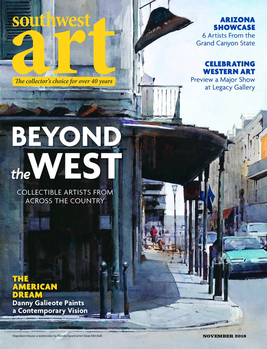 artz_line's tweet photo. Dean Mitchell "Napoleon House" watercolor Southwest Art magazine November 2018 cover. #painting #artwork #cityscape #gallery #paintings #americasonlinegallery #deanmitchell #watercolor #artforsale #southwestartmagazine #westernart #originalart #artcollector #buyoriginalart https://t.co/23SWgWi6Sx