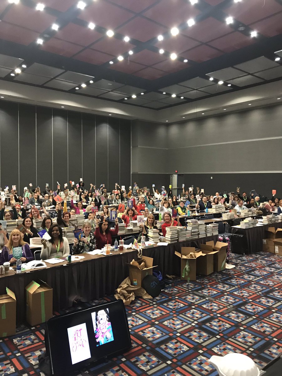 KaylaCagan's tweet photo. This is what #Alan18 looks like: Energy, Enthusiasm, and Education. Absolute fuel to keep writing and reading for readers, students, teachers and librarians of all ages. Thanks for letting us writers be your creative collaborators. #NCTE18 #ALAN2018 #NCTE2018 https://t.co/2RTcGaliTS