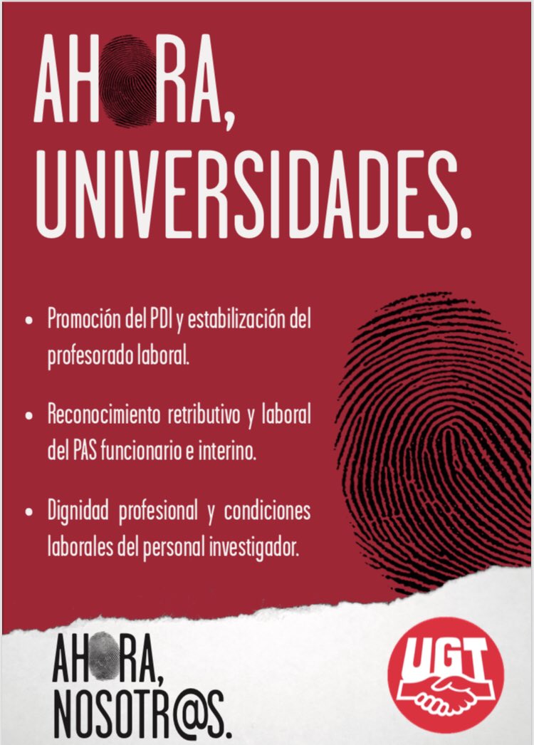 El 4 de diciembre de 2018,
los trabajadores eligen a sus representantes.
#UGTUNIVERSIDAD trabaja para defender los derechos de tod@s, PDI, PAS e investigadores. #UGT FIRMA ACUERDOS. UGT consigue derechos.
¡Vota UGT!