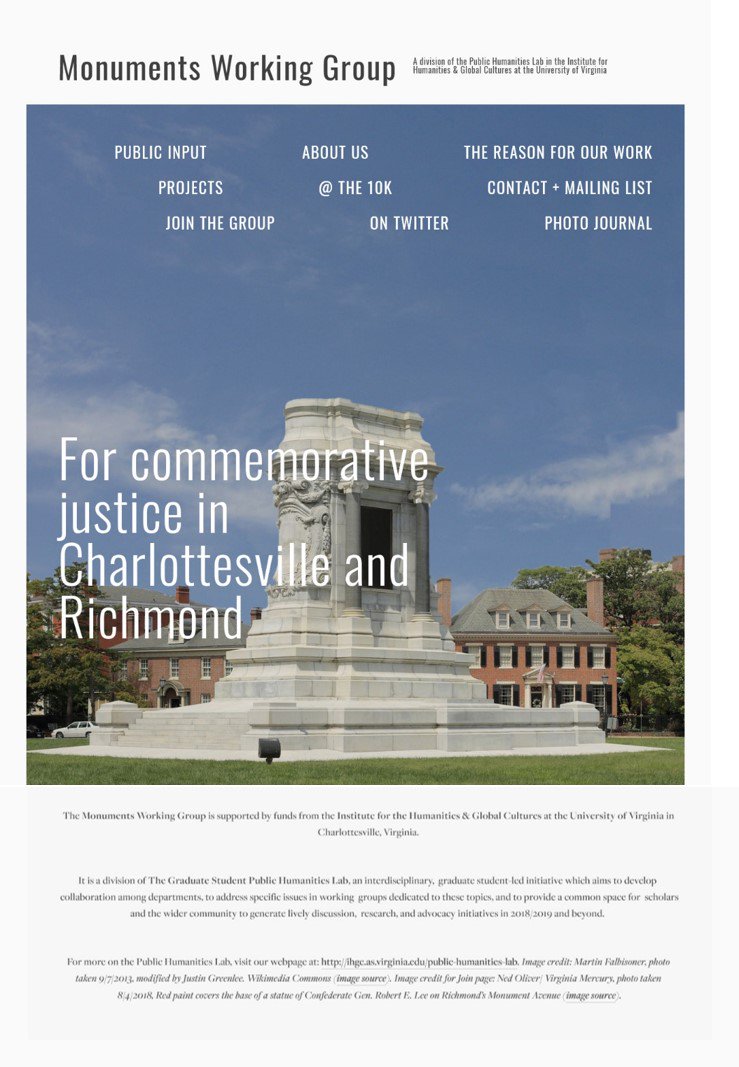 justingreenlee_'s tweet image. 1/2 THREAD Images of the new Monuments Working Group website @UVA @UVa_IHGC monumentsworkinggroup.com #TruthfulHistoryHeals #designasprotest #monuments #morethanmonuments #twitterstorian