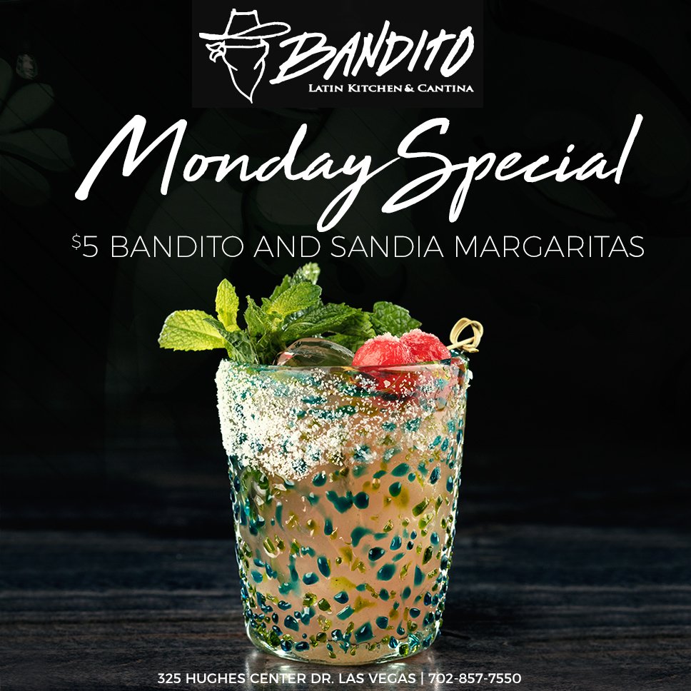 BanditoLV's tweet photo. We've got the perfect cure for the Monday blues! $5 Bandito and Sandia Margaritas!!
#banditolatinkitchen&amp;cantina #margaritamonday #salud #vegasdining https://t.co/BrkZng8hkp