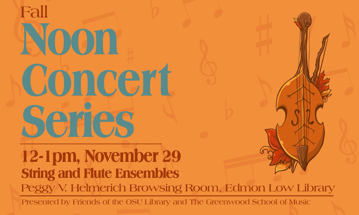 OkStateLibrary's tweet photo. The last #NoonConcert of the semester is coming up! Head to the Browsing Room on Nov. 29 for some lunchtime entertainment! https://t.co/B3Ejg5ZLs8