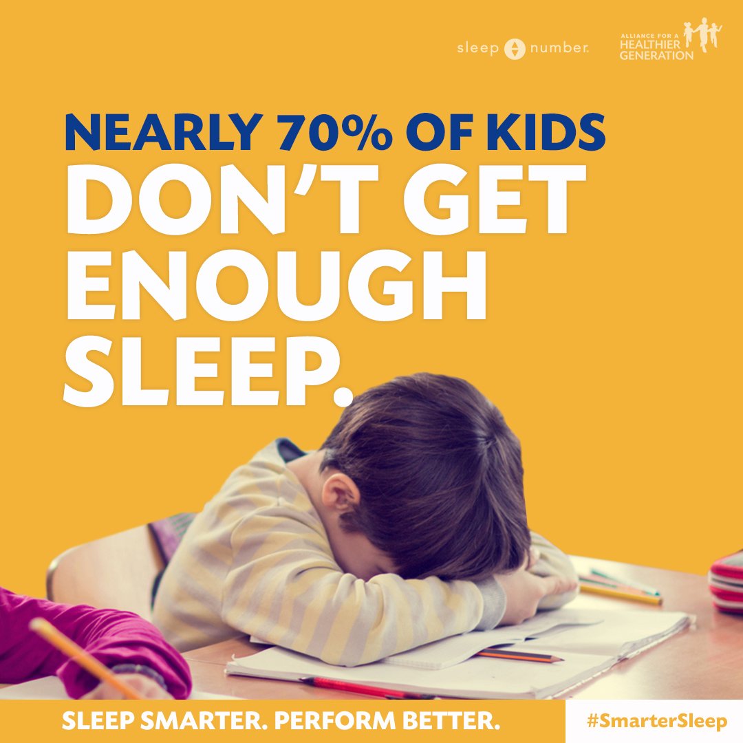 Kids who don’t get enough sleep are at higher risk for obesity, poor school performance, decreased physical activity, etc. Join us, <a href="/HealthierGen/">Alliance for a Healthier Generation</a> &amp; <a href="/SleepNumber/">Sleep Number</a> to help kids Sleep Smarter &amp; Perform Better: HealthierGeneration.org/SmarterSleep | #SmarterSleep