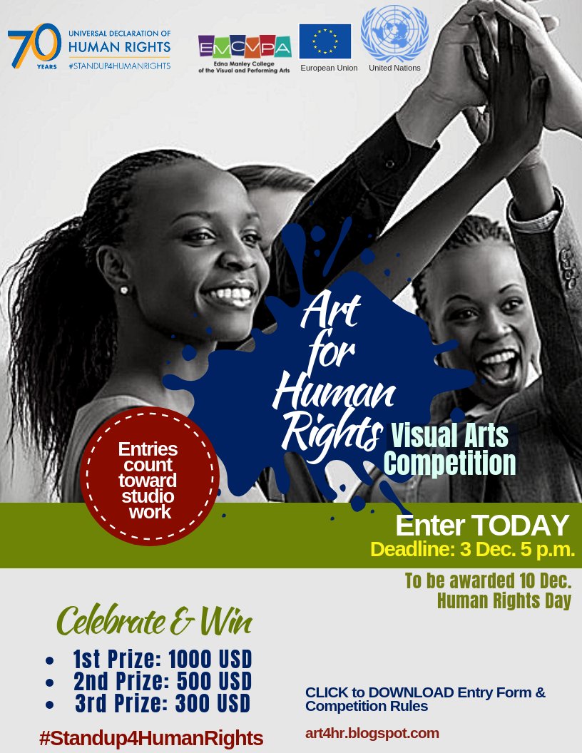 EMCJamaica's tweet photo. Opportunity knocks! Here's a chance to win cash prizes in the Human Rights Day Visual Arts Competition. This competition is EXCLUSIVE to EMCVPA students. Details on the flyer. Good luck! https://t.co/g8yysnHo7X #emcvpa #visualarts #humanrightsday #creativecareer #art4humanrights https://t.co/YjlzmY5kuP