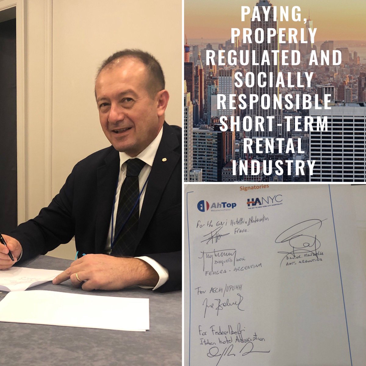 Al termine della Conferenza mondiale #ReformBNB, le associazioni albergatori di America, Asia, Australia ed Europa, sottoscrivono il documento di sintesi.

Per l’Italia, firma il direttore generale di Federalberghi, Alessandro Nucara.