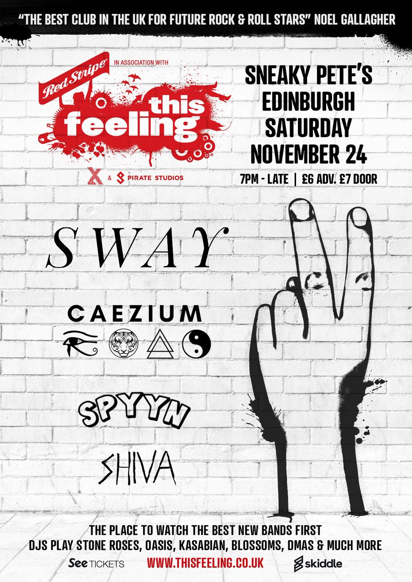 Alright troops. Here's the ticket link for our gig with <a href="/SWAYtheband/">SWAY</a> on Saturday in association with <a href="/This_Feeling/">This Feeling</a> , <a href="/redstripeuk/">Red Stripe UK</a>  and @PirateStudiosUK .

Make sure if you're coming to see us you buy through our wee option!

skiddle.com/whats-on/Edinb…