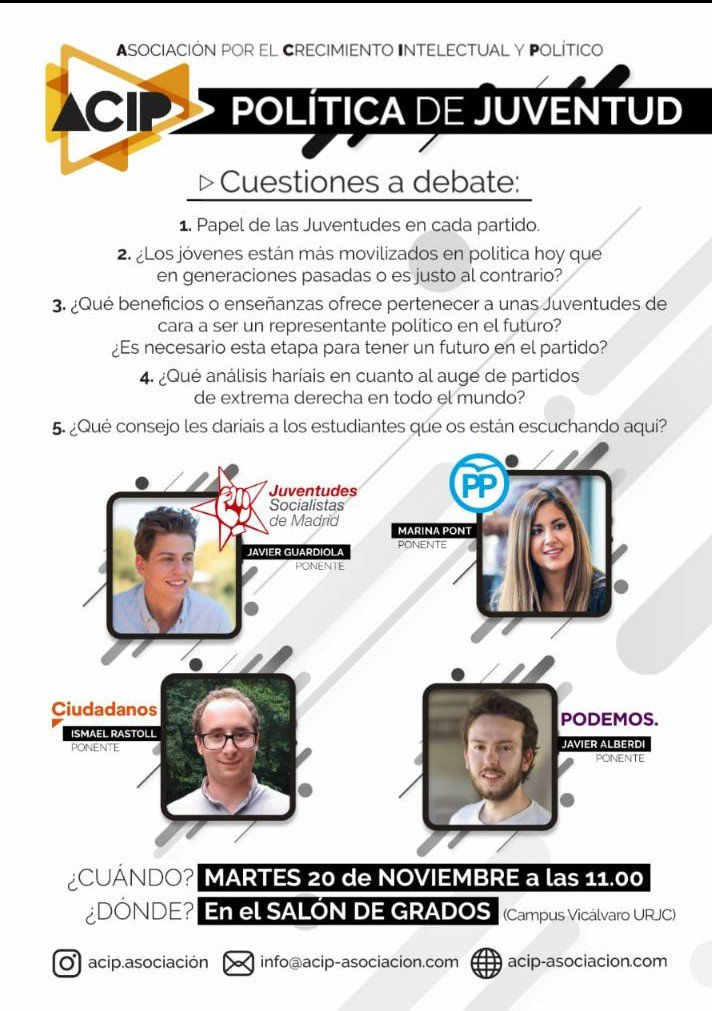 📆 Mañana @CiudadanoIsma acudirá a debatir sobre política joven al evento organizado por <a href="/acip_urjc/">ASOCIACIÓN ACIP.</a> ¡Acércate a las 11:00h!