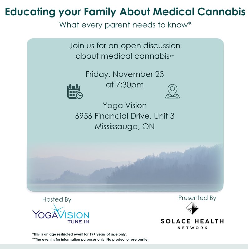 SHNclinics's tweet photo. Join us at Yoga Vision Centre this Fri Nov 23 for a candid conversation on medical cannabis. Learn scientifically based information from a medical professional and get your questions answered. Free event, must be 19+ to attend. Email love.yogavision@gmail.com to reserve your spot https://t.co/oohYIGp9xI