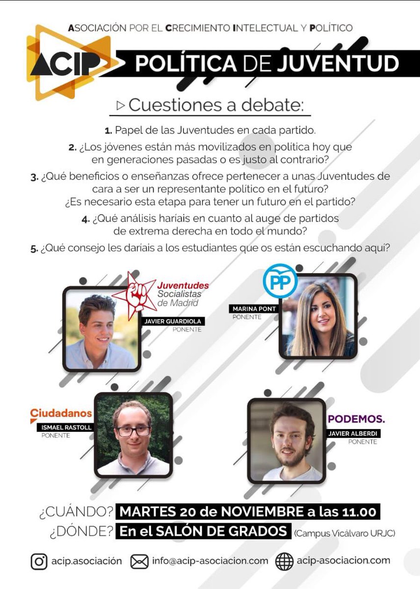 PRESENTAMOS EL CARTEL DEFINITIVO de nuestro evento “POLÍTICA DE JUVENTUD”, una mesa redonda donde intervienen <a href="/guardiola_92/">Javier Guardiola /❤</a> de <a href="/JSMadrid/">Juventudes Socialistas de Madrid</a>, @MarinaPoontt de <a href="/nnggmadrid/">Nuevas Generaciones de Madrid</a>, @CiudadanoIsma de <a href="/jovenesCs/">Jóvenes CS 🇪🇸🇪🇺</a> y <a href="/javialberdi_/">Javi Alberdi 🏳️‍🌈🇪🇦🇪🇺🌹</a> de @ahorapodemos  
No os lo perdáis, ¡os esperamos mañana!