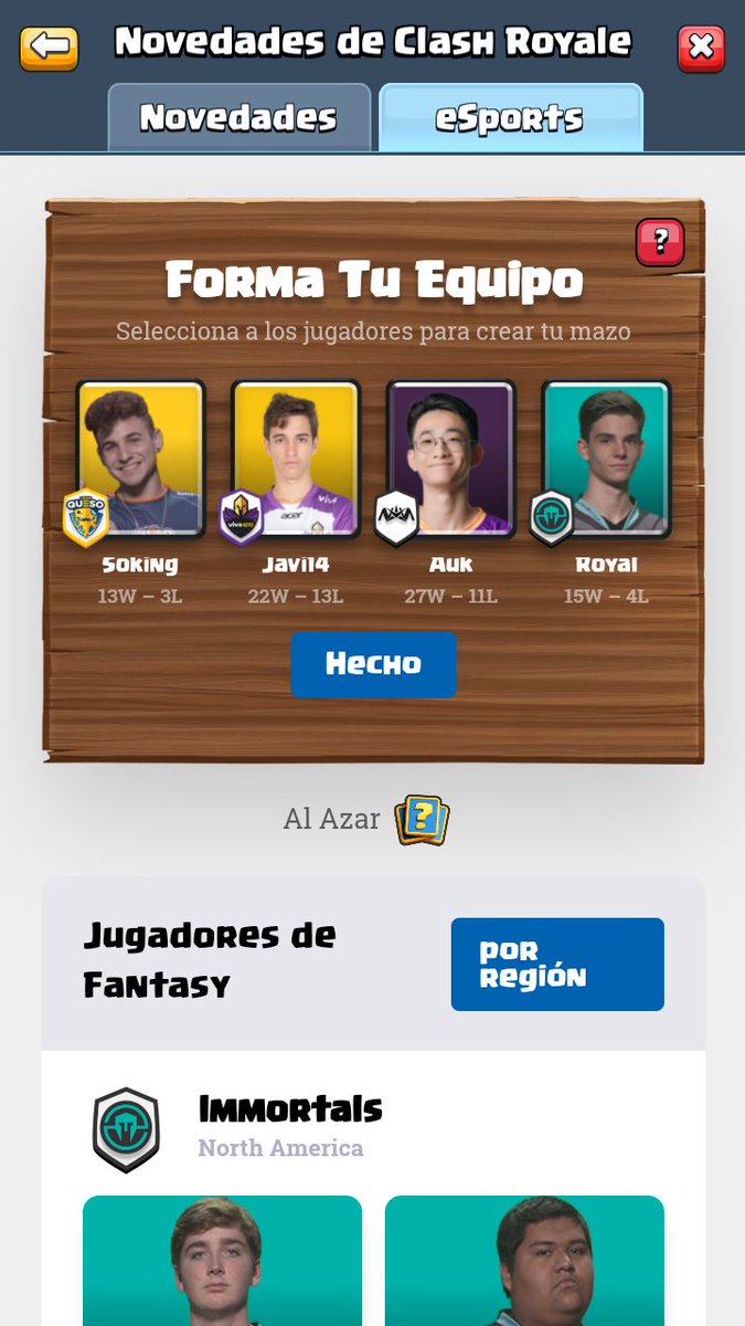Yo ya aposté por mi equipo, vamos con toda. <a href="/ClashRoyaleES/">Clash Royale ES</a> <a href="/EsportsRoyaleES/">Esports Royale ES</a> .
Ellos son: 
El número uno <a href="/SokingRcQ/">v</a> 
Es que no es latino pero la rompió en LATAM: <a href="/Javi14__/">Javi14</a>
El #1 de toda <a href="/NovaEsportsTeam/">Nova Esports</a> <a href="/auk/">Auk</a> 
Y por último el de gringolandia <a href="/RoyalRares/">aña</a>