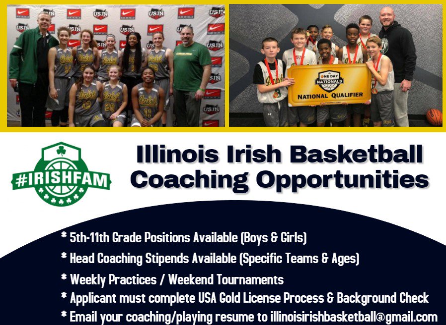 G_SullivanMPA's tweet image. Illinois Irish Basketball Program
Spring/Summer Coaching Opportunities 
More Teams, More Opportunities, More Players
100% of Players Have Attended College (200+ Alumni) 
The #IrishFam Continues To Grow!
#DevelopmentIsKey #TrustTheProcess #EarnYourRespect