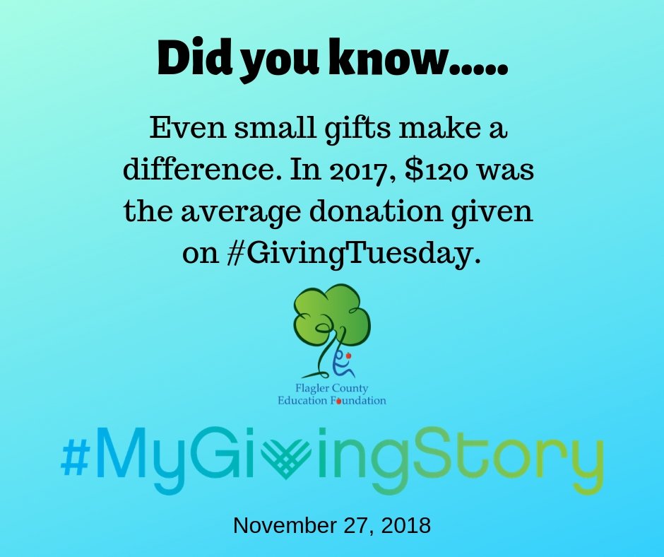Mark your calendars. We are almost one week from #GivingTuesday. November 27, 2018 is Giving Tuesday, and you can make a difference with your donation. You can help support our <a href="/FlaglerSchools/">FlaglerSchools</a> teachers and students with your donation. #igive4kids flagleredfoundation.org/get-involved/f…