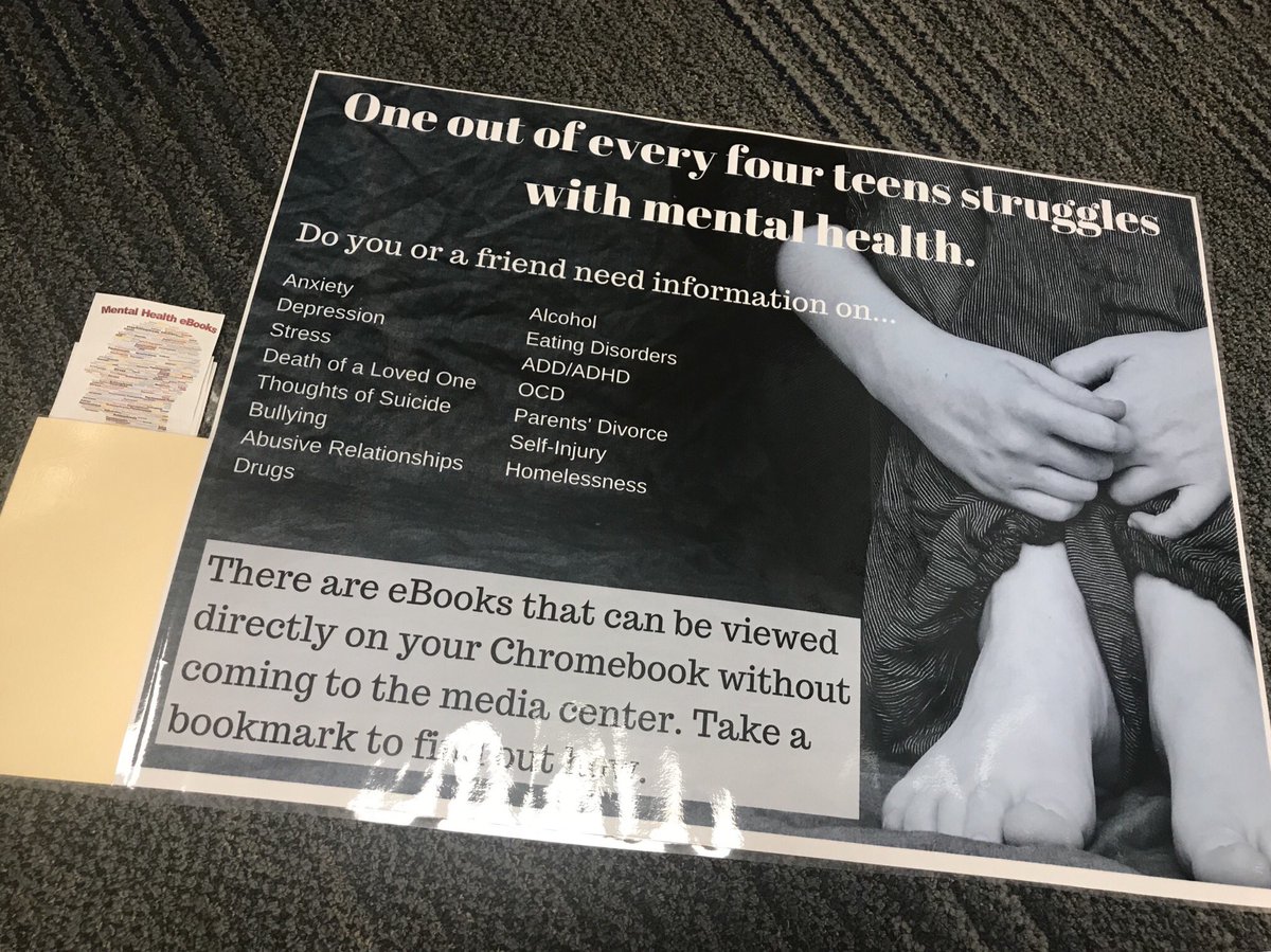 techylibrary's tweet photo. Making posters to show students how to anonymously view our eBooks related to mental health. @ParkwoodHS_NC will hang these in the hallways to get more resources in student hands. Thanks @CHSCavaliers for the idea! #UCPSLibraryLife @AGHoulihan @jessicacgarner @mrmsmedia https://t.co/5InwA9CbgJ