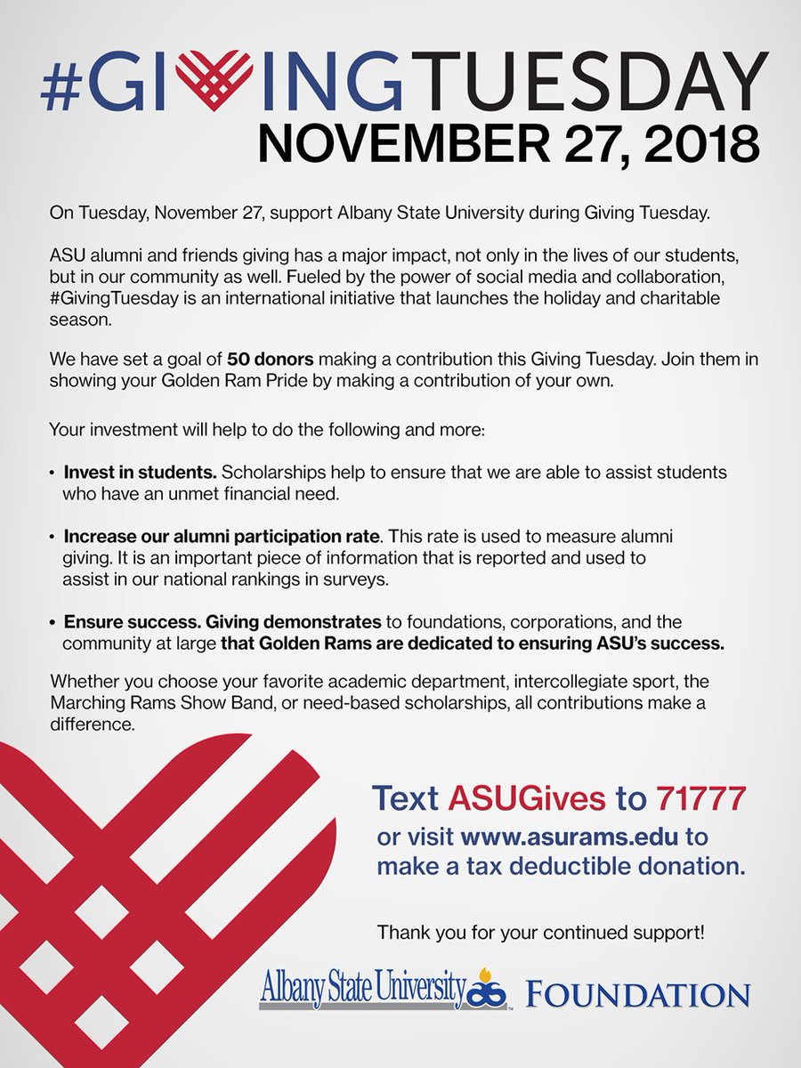 AlbanyStateUniv's tweet photo. #ASUGives: Support Albany State University This Giving Tuesday. #AlbanyState #GivingTuesday https://t.co/HqOXzGqCJH
