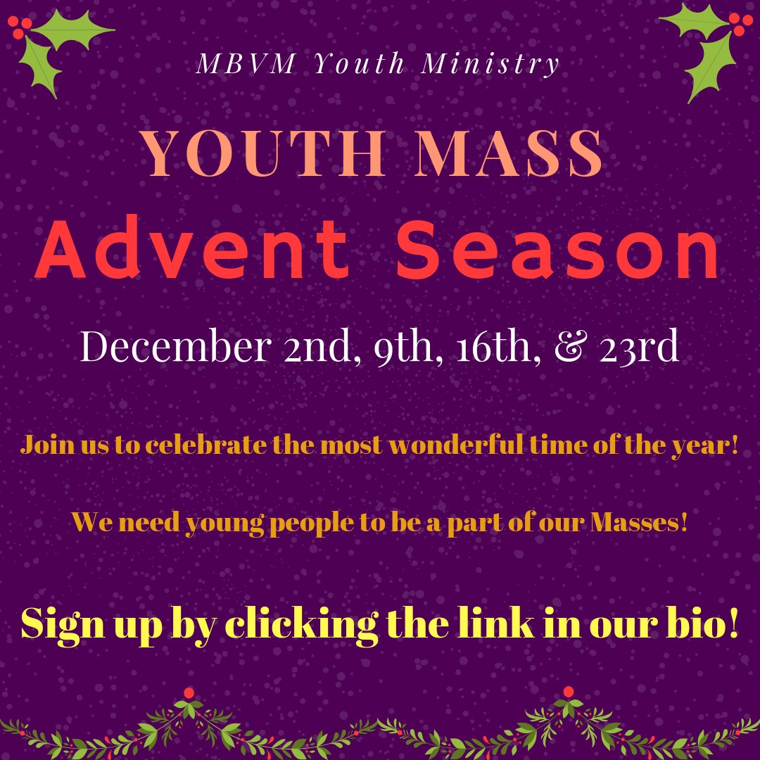 MbvmYM's tweet photo. We are looking for youth to get involved with our Youth Masses! We have a spectacular Advent Season being prepared! For any youth who are interested, click the following link: https://t.co/famTTWtbiA
If you are in Jr. High, we encourage you to sign up to be a Greeter! https://t.co/6bMkqQrzRm