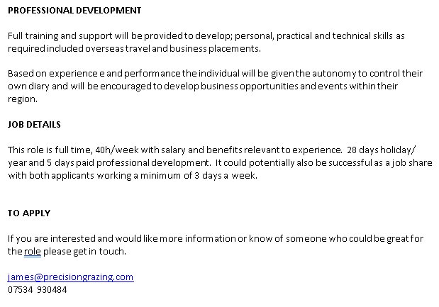 Excited to announce the opportunity to join Precision Grazing!  We are looking for a talented individual for this full time role of Livestock Systems Consultant starting in 2019.  For more information and full job description email: info@precisiongrazing.com Please RT!