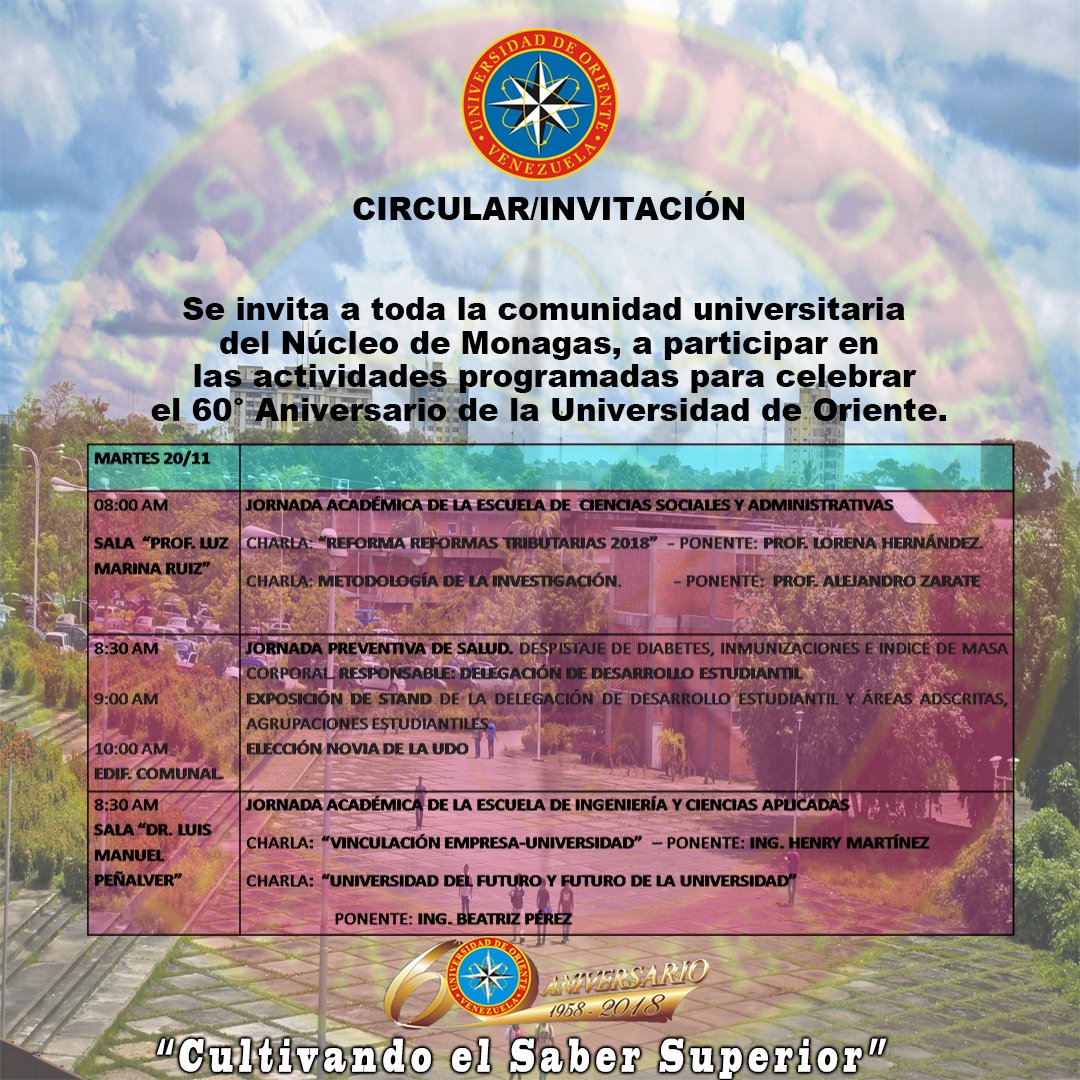 ComunicacionUDO's tweet photo. Este martes 20 se realizarán actividades académicas, de salud y recreativas, en el marco de los 60° aniversario de la Universidad de Oriente. PARTICIPA !!!! https://t.co/BRCEyRCfjc