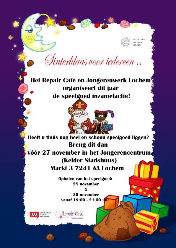 De speelgoed inzamelactie in samenwerking met Repair Café Lochem is begonnen! Niet iedereen heeft voldoende centjes om zijn of haar kind met de feestdagen een leuk cadeau te geven. Met deze actie hopen wij ook deze kinderen, met behulp van jullie een glimlach te bezorgen!