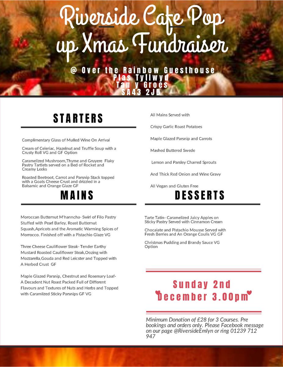Riverside Pop Up Xmas Veggie/Vegan Feast Sunday 2nd December @ Over the Rainbow Wales. Fundraiser for Riverside cafe flood damage.
