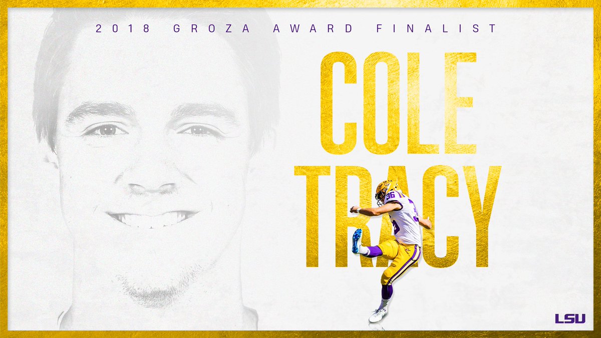 LSUfootball's tweet photo. No doubt about it! 
@cole__tracy is a finalist for the @LouGrozaAward, which goes to the top kicker in the country! https://t.co/ubr9aeMR0H