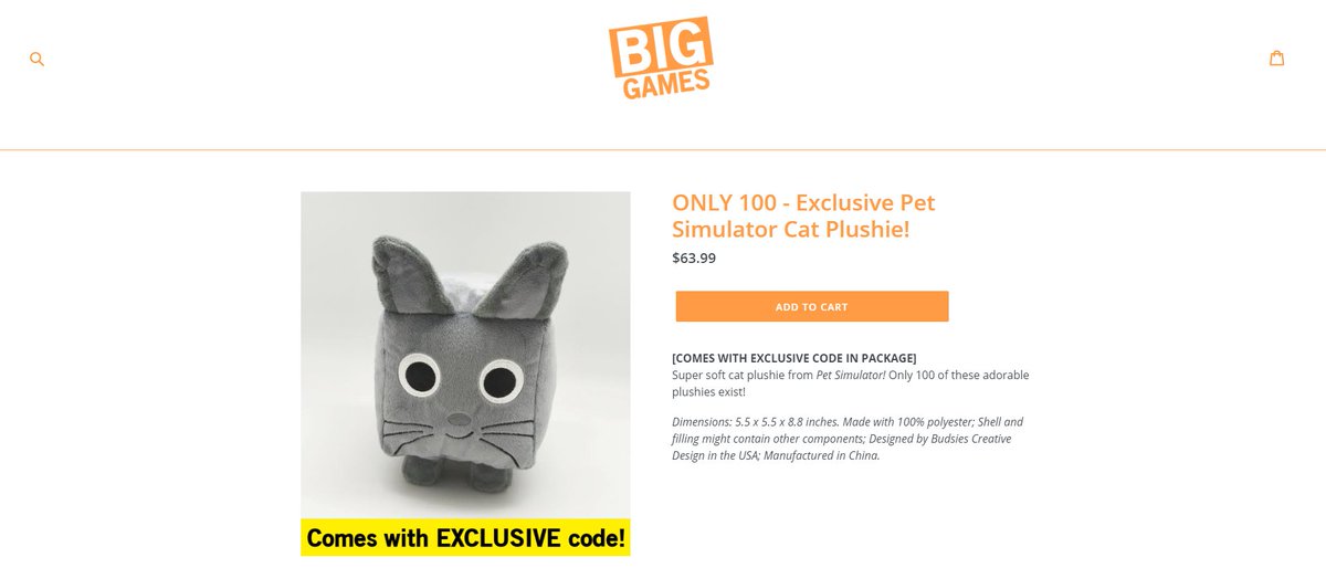 Big Games On Twitter Our Shop Is Live Come Grab A Limited Time Cat Plushie From Pet Simulator Each Order Comes With An Exclusive In Game Code For A Secret Pet - roblox code pet simulator 2020