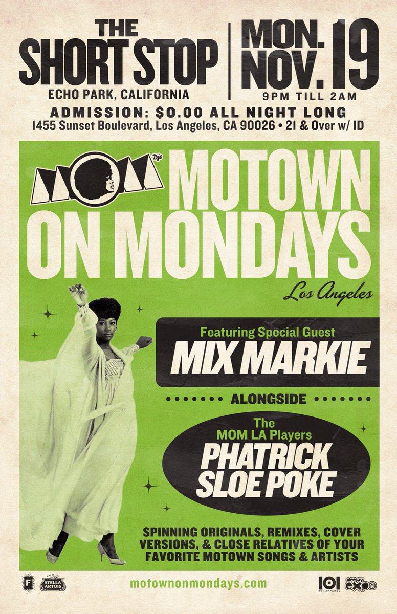 MOM_LA's tweet photo. TONIGHT!
[Nov 19 • 9pm-2am]
@MOM_LA #MotownOnMondays
w/ special guest @MixMarkie
+ MOM LA Players
@DJPhatrick @DJSloePoke
-
Free @The_Short_Stop
-
-
#MOMLA #LA #LAevents #EchoPark #TheShortStop #SoulMusic #DanceParty #Motown https://t.co/CMNKdQBRrJ