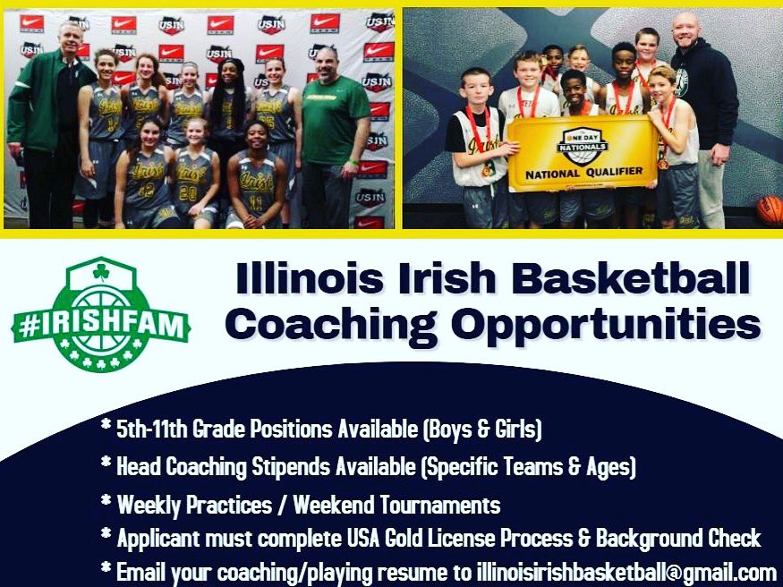 MidProGirls's tweet image. Illinois Irish Basketball Program
Spring/Summer Coaching Opportunities 
More Teams, More Opportunities, More Players
100% of Players Have Attended College (200+ Alumni) 
The #IrishFam Continues To Grow!
#DevelopmentIsKey #TrustTheProcess #EarnYourRespect