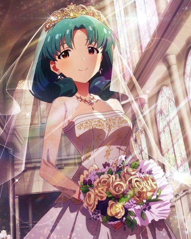 *Haruka walks in and sees her beloved <a href="/princessneptun/">Michiru Kaiou</a> in a bridal gown. She stops as she just looks at her admiring her beauty.*