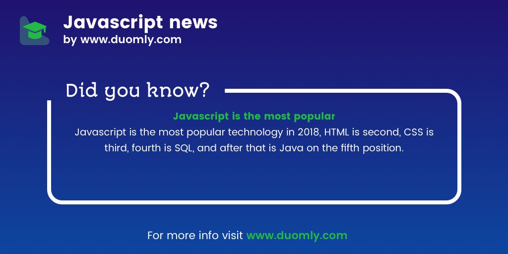 duomly's tweet image. Javascript is the most popular technology

#javascript #learnprogramming #JavascriptLibraries #javascript30 #javascriptengineer #javascripting #javascript3 #javascriptdeveloper #programming #javascriptbasics #programminglanguage  #programmingstudent