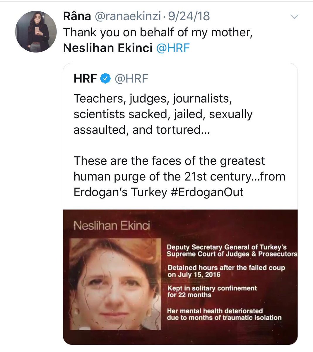 HRF's tweet photo. After 28 months in solitary confinement, Neslihan Ekinci, former judge and deputy secretary-general of #Turkey’s Council of Judges and Prosecutors, was released. Since the coup in 2016, 4,424 judges &amp; prosecutors have been fired and more than 1,000 are still in jail. https://t.co/aNoB6UCido