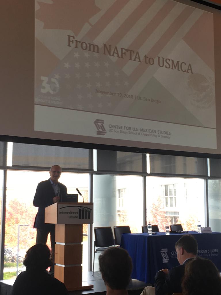 USMEXUCSD's tweet photo. Today we are honored to receive Dr. @JesusSeade, president-elect López Obrador’s representative in the NAFTA renegotiation, as the keynote speaker during the “From NAFTA to USMCA: The New Deal and What's Missing” panel. https://t.co/y89sSZsE8O