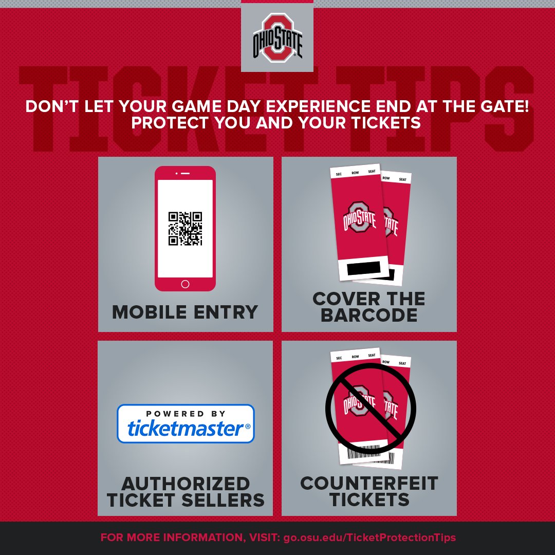 OhioStateTix's tweet photo. There is a big game on Saturday! Let's prevent ticket fraud so your game day experience doesn't end at the gate!

📲 Utilize mobile entry
🚫 #CoverTheCode
🎟️ Purchase from authorized sources

MORE INFO: https://t.co/pXqdxzbwLS

#GoBucks 🏈 https://t.co/Z0V0Fjf3GG