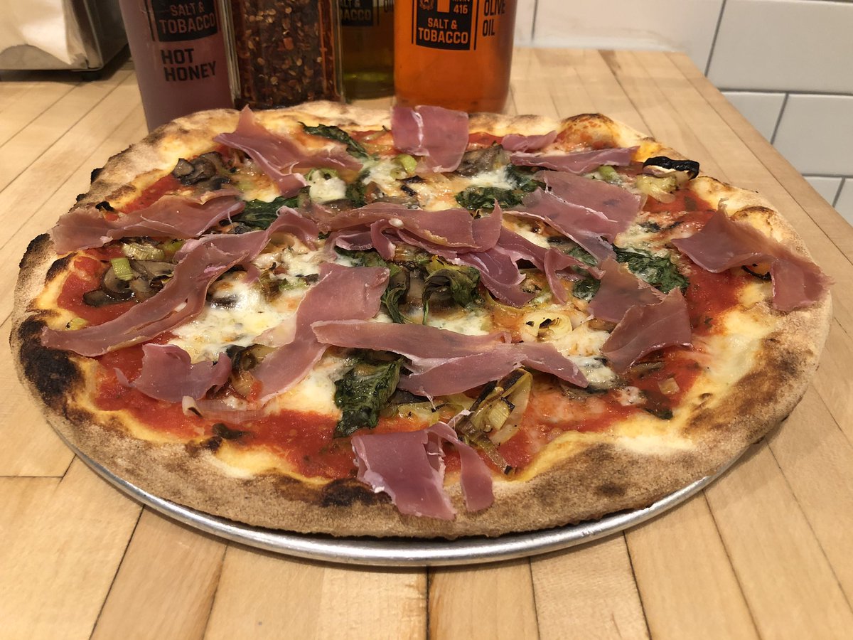 Weekly Special - leeks, mushrooms, prosciutto, gorgonzola, fior and tomato sauce.  #saltandtobacco #eatlocal #blogto #toeats #torontopizza