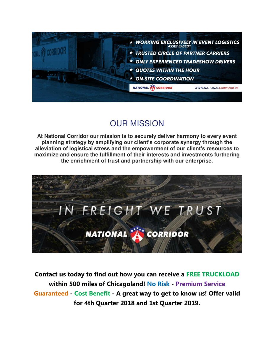Visit the link below to sign up &amp; lock in this great opportunity to be introduced to our company and secure an amazing cost benefit. <a href="/NatCorridor/">National Corridor</a> Guarantees a Premium Event Service at No Risk 

nationalcorridor.us/free-truckload/

#tradeshow #exhibit #tradeshowbooth #exhibithouse #eventprofs