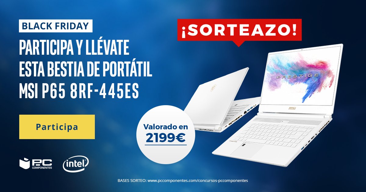pccomponentes's tweet image. ⚡️SORTEAZO DE BLACK FRIDAY CON @Intel_Spain⚡️

Llévate este pedazo de portátil, solo tienes que:
- RT + Comentar con #PcComponentesIntel
- Seguir a @pccomponentes e @Intel_Spain
- Confirma tu participación introduciento tu email aquí👉bit.ly/2S5wOXX

SUERTE A TODOS/AS!!